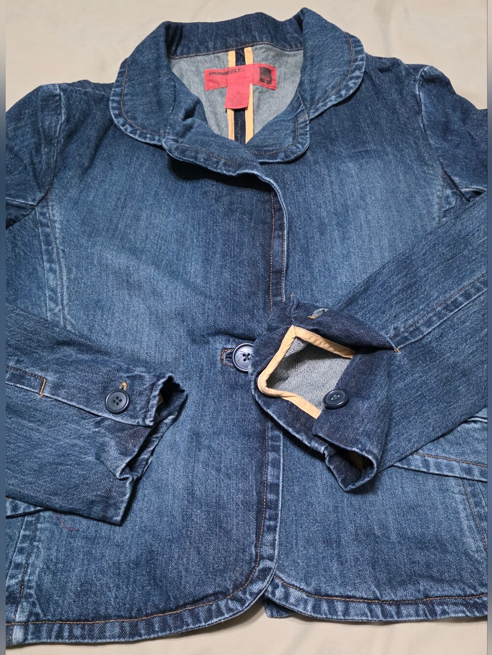 Repurposing Dark Blue Denim Blazer Jacket Y2K Women's Sz XXL(Shrunk To L) - Picture 5 of 9